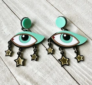 Bright Eyes Earrings Dangle Drop 2” Lucite Teal Blue Eye Earrings - Picture 1 of 4