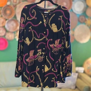 Vintage Baroque-Inspired Blouse – Size 40 – Carriages, Chains & Pink Ribbon Prin - Picture 1 of 7
