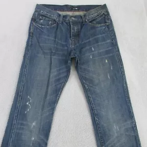Rusty Jeans Mens W32 L32 Blue Straight Denim Button Fly Distressed - Picture 1 of 10