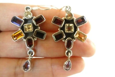 Multi Gemstone 925 Sterling Silver Dangle Drop Hook Earrings - Image 1 of 3