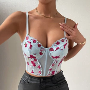 Canotta donna sexy maglia ricamo fiori anello acciaio cinturino spina di pesce - Foto 1 di 14
