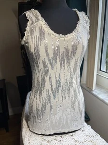 Camiseta sin mangas Diane Von Furstenberg blanca y plateada lentejuelas túnica camisa para mujer talla P - Imagen 1 de 6