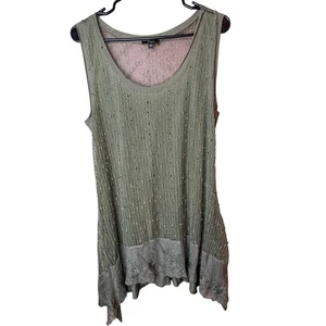 Olive Green Embellished Lace Trim Tunic Tank Top Women Fairycore Whimsy Boho - Picture 1 of 3