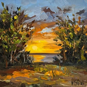 SONNENUNTERGANG FLUSS HERBST LANDSCHAFT ORIGINAL Impressionismus Kunst Ölgemälde signiert - Bild 1 von 7