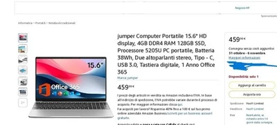 jumper Computer Portatile 15.6" HD display, 4GB DDR4 RAM 128GB Processore 5205U - Immagine 1 di 4