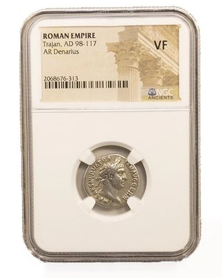 NGC VF Denario de Trajano AD98-117 NGC Antiguo Certificado Plata Romana MUY FINO Foto 1 de 3