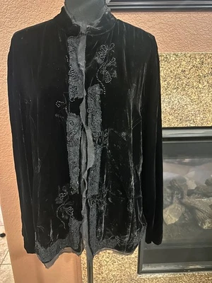 CHICO'S SOIREE Womens 3 / L / XL Black Beaded Lace Velvet Gala Jacket - Image 1 of 4