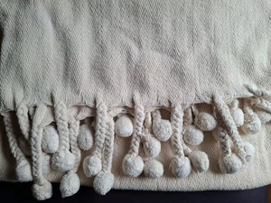 Boho Beige Pom Pom Braided Fringe Cotton Woven Throw Blanket 56"Lx50"W - Picture 1 of 15