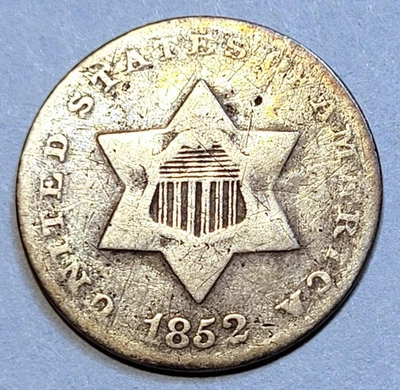 1852 Three Cent Silver Trime Very Good 3c 19th Century Type Coin NO dents,bends - Image 1 of 2