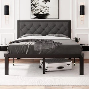 Full Size Metal Bed Frame, Heavy-Duty Platform Bed Frame with Linen Upholster... - Picture 1 of 8