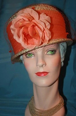 Vintage 1960s Mr. Richard Straw Cloche Hat w/ Peach Rose & Netting - Image 1 of 4