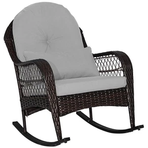 Patio Wicker Rocking Chair W/Seat Back Cushions & Lumbar Pillow Porch Gray - Picture 1 of 9