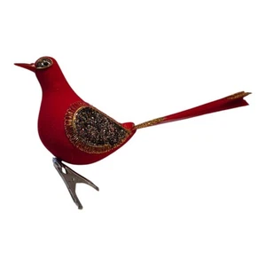 Vintage Red Flocked Bird Clip On Christmas Ornament Red Gold Glitter MCM Japan - Picture 1 of 4