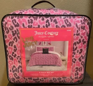 Juicy Couture Pink/Black Leopard 8pc KING Bed Set Comforter,Shams,Sheets &Pillow - Picture 1 of 5