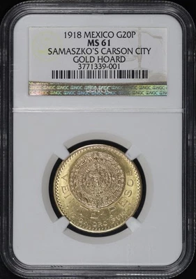 1918 Mexico  Gold 20 Pesos NGC MS-61 Samaszko's Carson City Gold Hoard Label - Image 1 of 2