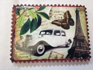 Souvenir Fridge Magnet Old Cars - White Car and Eiffel Tower - Brand New - Picture 1 of 2