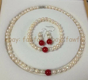 Natural 7-8mm White Baroque Pearl 8mm Red Jade Necklace Bracelet Earrings Set - Picture 1 of 3