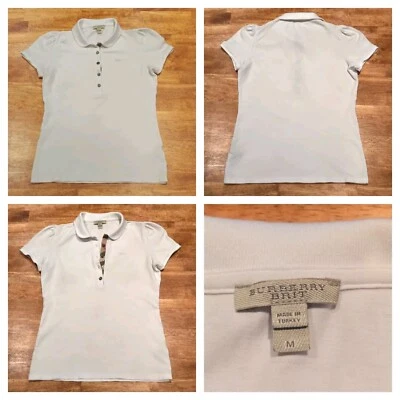 Camisa polo Burberry Brit mangas acanaladas ribete a cuadros Nova para mujer mediana blanca Foto 1 de 4