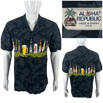 Aloha Republic Mens Large Hawaiian Shirt Black Gray Beer Cocktail SS Vintage - Image 1 of 4