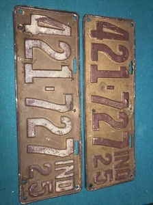 Vintage Pair of Indiana 1925 Auto Old License Plate Tag 421 727 original paint  - Picture 1 of 4