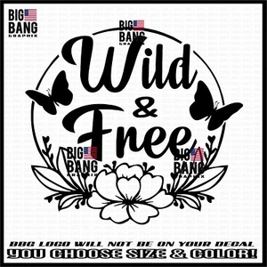 WILD & FREE Calcomanía Vinilo Adhesivo Espíritu Libre Mariposa Flores Guirnalda Ventana Coche - Imagen 1 de 5