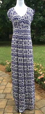 Loveappella Medium Maxi Dress Purple White Short Sleeve V Neck Beach Vacation - Image 1 of 4