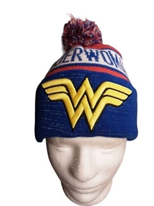  Wonder Woman Beanie Logo Embroidery Patch Red White And Blue Pom Winter Hat Q - Picture 1 of 12