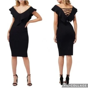 FOREVER NEW Sharna Frill Bardot Black Ruffle Lace Up Winter Knit Midi Dress Sz 8 - Picture 1 of 13
