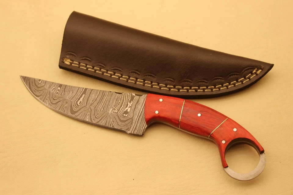 Faca Full Tang feita à mão aço Damasco lâmina fixa vintage bainha de couro puro - Imagem 1 de 4