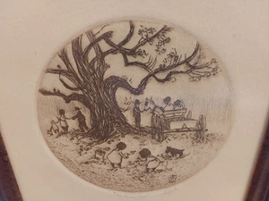 Gifford Pencil Sketch Artist Originalm 1968? The Picnic Oak Framed 7'' - Picture 1 of 5
