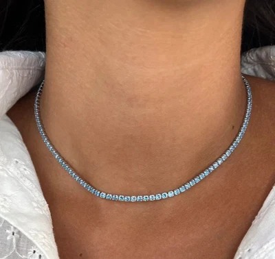 Collar Tenis Aguamarina Creado en Laboratorio Corte Redondo 3MM Chapado en Oro Blanco 14K Foto 1 de 4