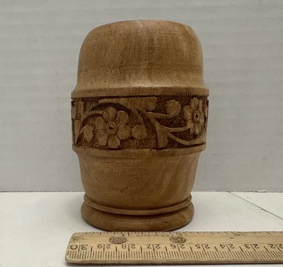 Hand-Carved  Pen Holder – Floral Wooden Desk Organizer Cup Made in India - Image 1 of 4