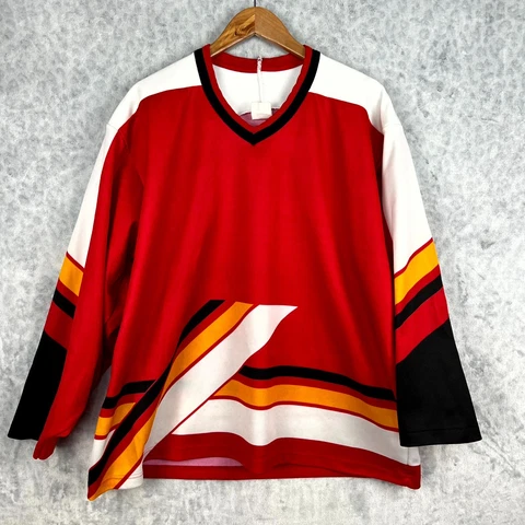 VINTAGE 90'S CCM CALGARY FLAMES PEDESTAL RED HOCKEY JERSEY Large Men Cover