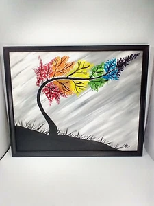 Rainbow Willow Tree Signed Hand Painted 17" x 21" Framed by Ikea Tranquil Décor - Picture 1 of 9