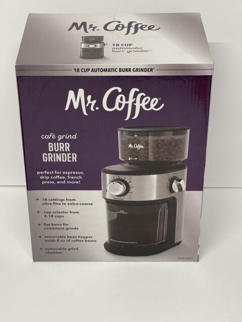 Mr. Coffee Burr Coffee Grinder, Automatic Grinder with 18 Presets for  French Press, Drip Coffee, and Espresso, 18-Cup Capacity, Stainless Steel