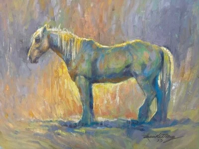 Pintura al óleo original YEGUA BLANCA caballo oro salida del sol arte suroeste 12 x 16 Foto 1 de 4