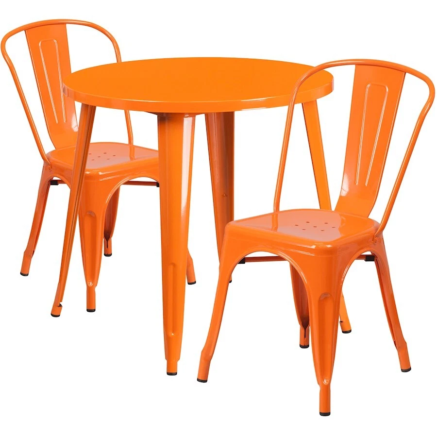 Flash Commercial Grade 30" Round Orange Metal Table Set with 2 Cafe Chairs - Image 1 of 1