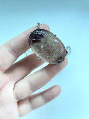 Collar de cadena estacionaria de plata de ley de cuarzo ahumado tallado a mano vintage de 17" Foto 1 de 4