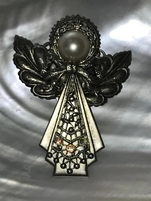 Estate Large Pewter Colored Metal Angel with White Pearl Head & Aurora Borealis  - Image 1 of 4