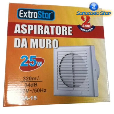 ASPIRATORE ARIA CON ALETTE SERRANDA EXTRASTAR A MURO ELIMINA ODORI 25W RISPARMIO