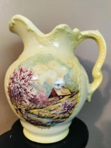 Ansley Vintage Water Pitcher  Light Yellow w/ Farm Scene Purple Trees Barn Rare - Picture 1 of 12