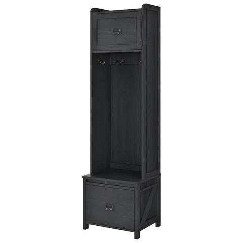 Farmhouse Entryway Black Oak Hall Tree W/ Storage Bench W/ Durable Metal Slides Cover