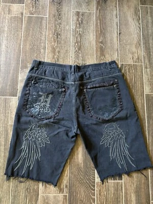 Vintage Y2K Men Black Denim Cut Shorts Gray Embroidered Skate Punk Emo Goth 90s - Image 1 of 4