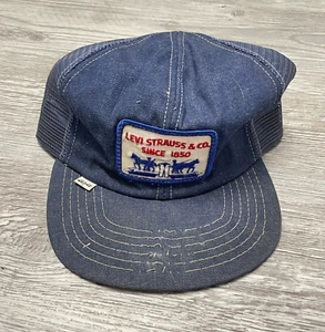 De colección LEVI'S PATCH Blanco Tab Azul Denim Camionero Sombrero SnapBack Hecho en EE. UU. RARO - Imagen 1 de 9