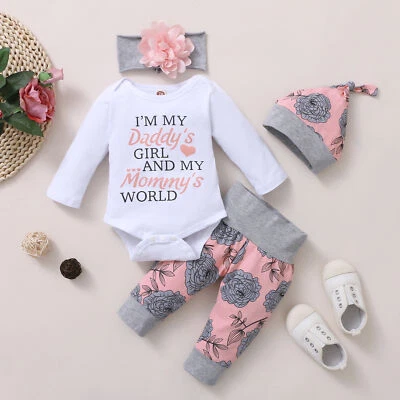 Newborn Baby Girls Letter Romper Tops Print Pants Headband Clothes Outfit Set - Image 1 of 4