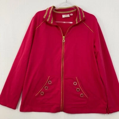 Quacker Factory Large Red Gold Stretch Knit Full Zip Embellished Jacket - Image 1 of 4