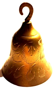 ETCHED BRASS Mute Bell - NO Clapper - SILENT - HANGING Hook - Vintage - Picture 1 of 8