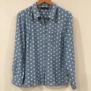 Tommy Hilfiger Women M Shirt Blue Chambray Long Sleeve Button Up Polka Dot Denim - Picture 1 of 10