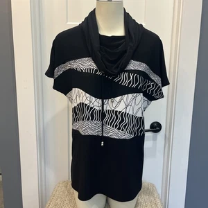 Joseph Ribkoff Women Style 213608 Black/Vanilla Geometric Top Short Sleeve Sz 8 - Picture 1 of 8