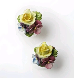 Vintage British Bone China Flower Rose Viola 40s 50s Screw Back Earrings England - Bild 1 von 12